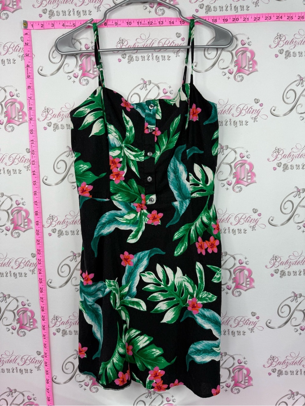 Hollister dress black Tropical Floral Sundress Green Leaves and Pink Flowers